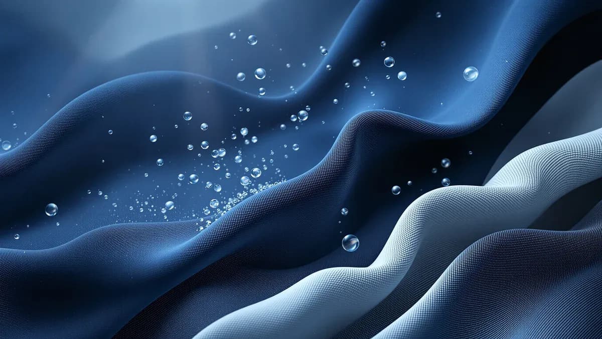 Abstract layered fabric textures with suspended water droplets and cool blue lighting, representing safe cold water laundry care.